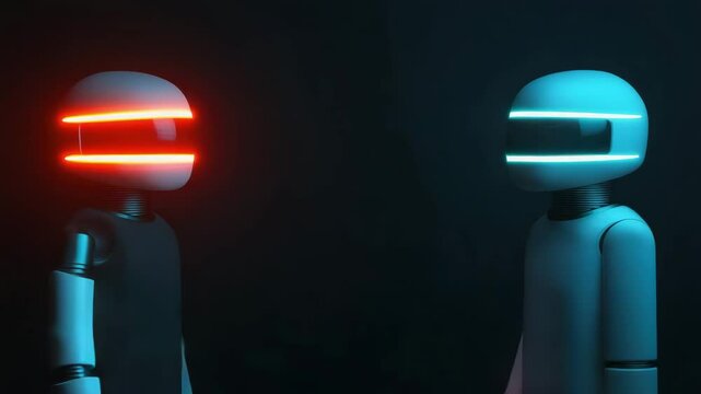 Two futuristic robots with glowing visors shake hands in a dark setting, symbolizing technology, partnership, and artificial intelligence collaboration.