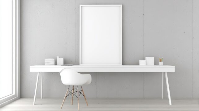 White modern workspace with blank frame.