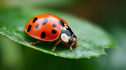 Obraz premium Ladybug on Green Leaf