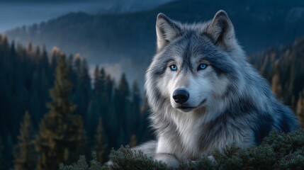 Obraz premium Majestic gray wolf in serene forest at dusk