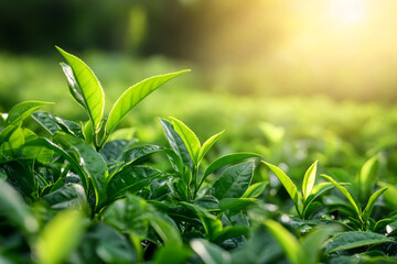 Obraz premium Fresh Green Tea Leaves. Tea Leaf Background