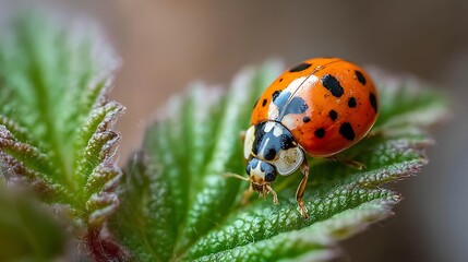Obraz premium Ladybug on Green Leaf Close-up