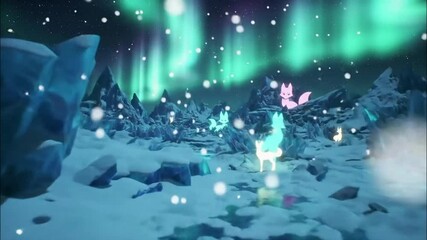 Winter landscape with aurora borealis and snow falling with glowing fox spirits - Powered by Adobe