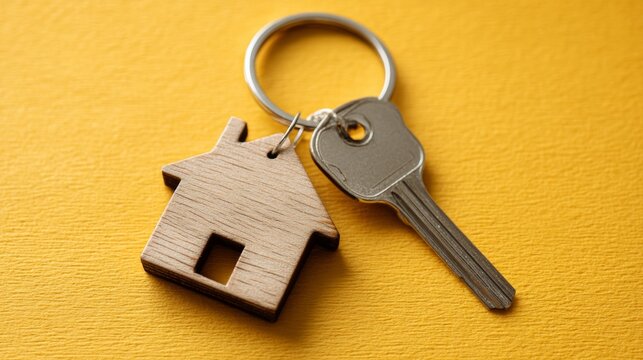 Wooden house keychain and silver key on yellow surface
