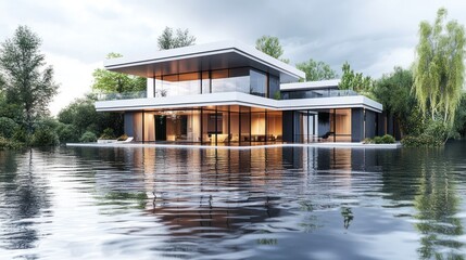 Contemporary waterside residence with expansive glass facade reflects on placid lake