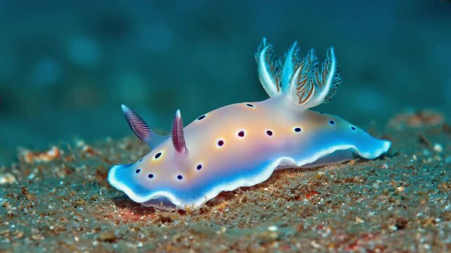 Close up of a nudibranch crawling on the seabed with blue water in the background in the ocean scene