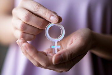 Woman’s hands gently holding female gender symbol. A serene representation of femininity, identity, and empowerment.