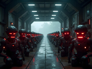 Rows of kneeling humanoid robots with glowing red eyes aligned in a dark futuristic hangar, evoking themes of artificial intelligence, military automation, and dystopian control
