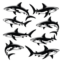 Eight Striking Shark Silhouettes: A Monochrome Marine Collection
