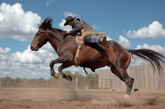 A cowboy rides a bucking bronc horse in slow motion, full of grit, strength, and classic rodeo action.