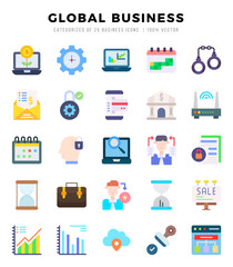 Global Business Flat icons collection. 25 icon set in a Flat design.
