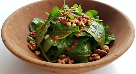 Delicious Spinach Salad with Walnuts Almonds and Orange Vinaigrette in Rustic Bowl