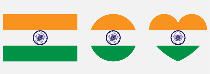 indian flag in round, heart and rectangular shape with ashok chakra isolated with white background. green white navy blue and orange coloured indian flag. vector illustrator.