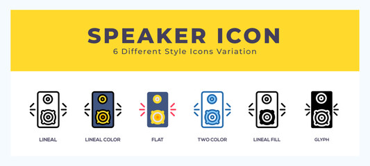Speaker icon symbol set. outline. glyph black. flat color and filled line color.