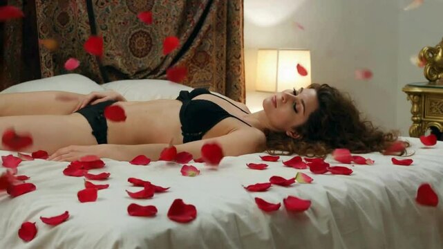 sexy woman lying on bed covered with rose petals in lingerie relaxed pose , romantic woman lying on bed hd video , 4k video , mp4 video , mov