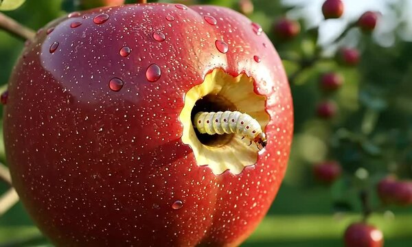Red Apple with Worm Inside Macro Shot in Daylight with Water Droplets on Fruit Surface and Green Background