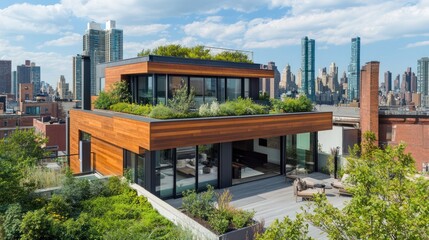 Contemporary urban residence with rooftop garden and city skyline backdrop