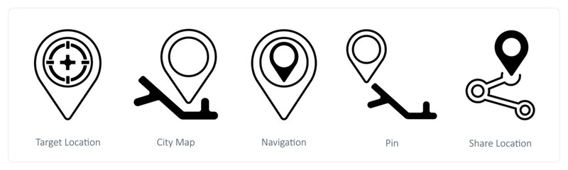 A set of 5 mix icons as target location, city map, navigation