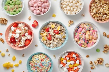 Assorted breakfast cereals in bowls on a white surface.