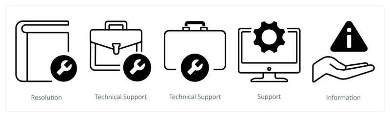 A set of 5 mix icons as resolution, technical support, support