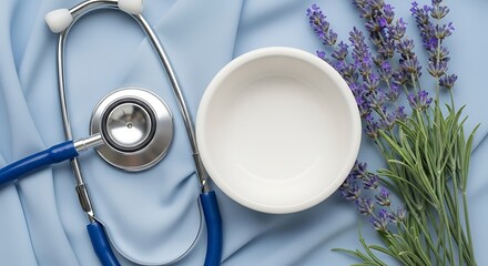 Stethoscope lavender flowers and a white bowl arranged on a soft blue textured backdrop