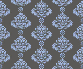Damask pattern. Vintage wallpaper in the Baroque style. Seamless vector dark brown background. Light blue ornament for print, Leaf repeating on wallpaper, packaging.Ornate Damask. Flower ornament