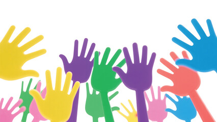Fototapeta premium Colorful Raised Hands - Unity and Diversity Concept This cheerful visual powerfully symbolizes themes of diversity, unity, community, support, equality, and celebration. Ideal for projects 