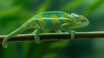 Close-up of a vibrant green chameleon on a branch.