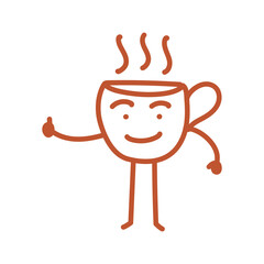 Cup of coffee, giving thumbs up, mascot logotype character, outline icon