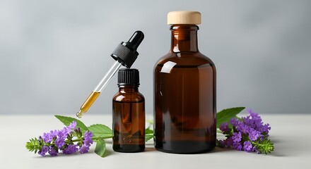 Essential oil bottles with dropper and flowers representing wellness and natural beauty