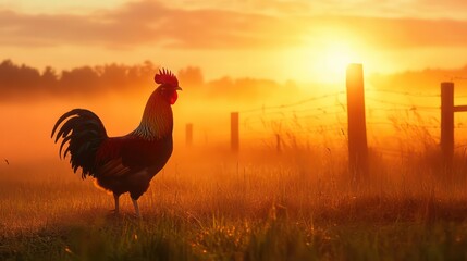 Rooster silhouette against a golden sunrise, standing in a misty field.