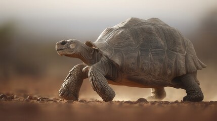 Obraz premium A large tortoise strolls across the arid terrain.