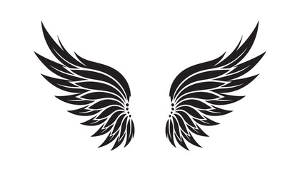 A silhouette of black angel wings with elegant feather wing tattoo On white background