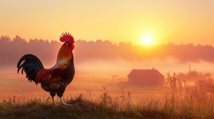 Rooster's Dawn Serenade: A Vibrant Bird in a Misty Sunrise Landscape