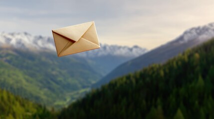 An envelope floating in the air above a green forest and mountains representing a comprehensive geography of world postal services
