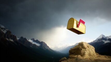 A yellow mailbox. Letter tray. Post service advertisement. Correspondence delivery to distant corners of our planet