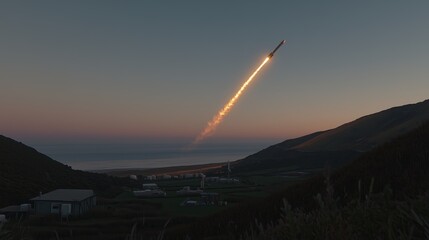 A rocket launch. Missile taking off from coastline. Fume and light trail are left in the sky as the rocket flies. Air attack, war