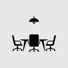 Black and White Icon of a Simple Meeting Room Setup with Three Office Chairs and a Table Under a Single Pendant Light