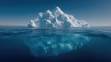 A massive iceberg floating in the vast ocean with its underwater portion visible showcasing the immense scale of the ice sheet