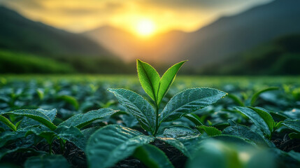 Green Tea Plantation in the mountains. Tea Leaf, close up