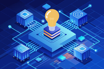 Isometric Light Bulb on Platform with Connected Cubes and Circuitry Design