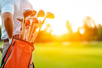 Golden Hour Tee Time: A golfer's vibrant orange golf bag, brimming with clubs, stands in sharp focus against the backdrop of a golden sunset. The scene evokes a sense of anticipation for the game.