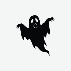 Stylized black ghost silhouette vector in flight with wide eyes and open mouth. Perfect for Halloween designs, spooky themes, and eerie decorations.