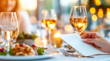 Elegant Dinner Setting: A hand delicately holds a menu card at a beautifully set table, adorned with glasses of rosé wine, a gourmet dish, and soft candlelight.