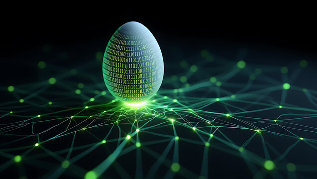 Digital egg of data binary code on a glass sphere over network