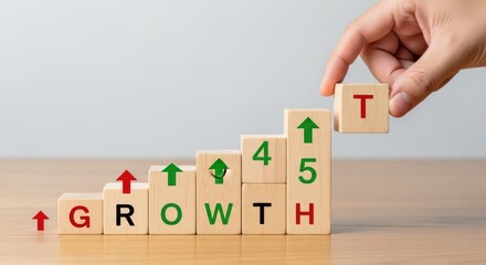 Growth strategy concept with wooden blocks showing success and development process