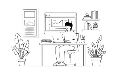 Young man working on laptop, analyzing financial data graph in modern office