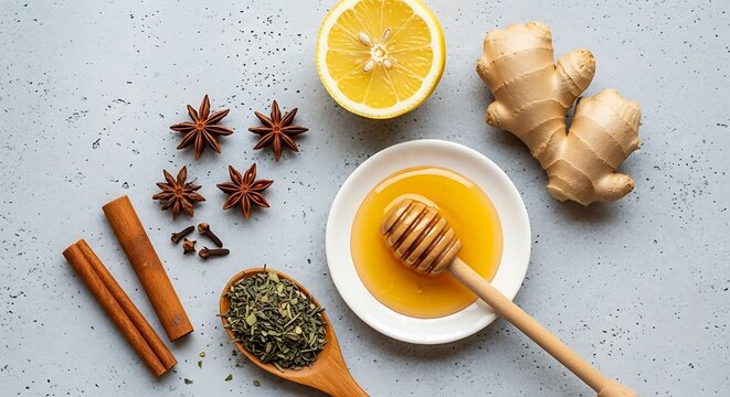 Ingredients for herbal tea with ginger honey lemon and various spices on a gray surface.