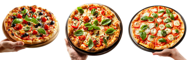 Hand holding Bufalina pizza isolated on white transparent background. Concept of fast food and homemade pizza.