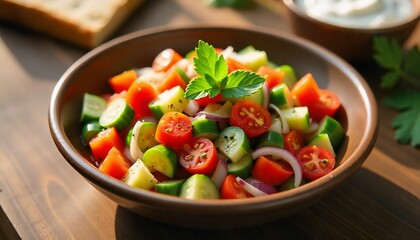 A bright and refreshing bowl of &Ccedil;oban Salatası &mdash; diced ripe tomatoes, crisp cucumbers, green bell peppers, red onions, and fresh parsley all mixed together and lightly dressed with olive oil and a squ